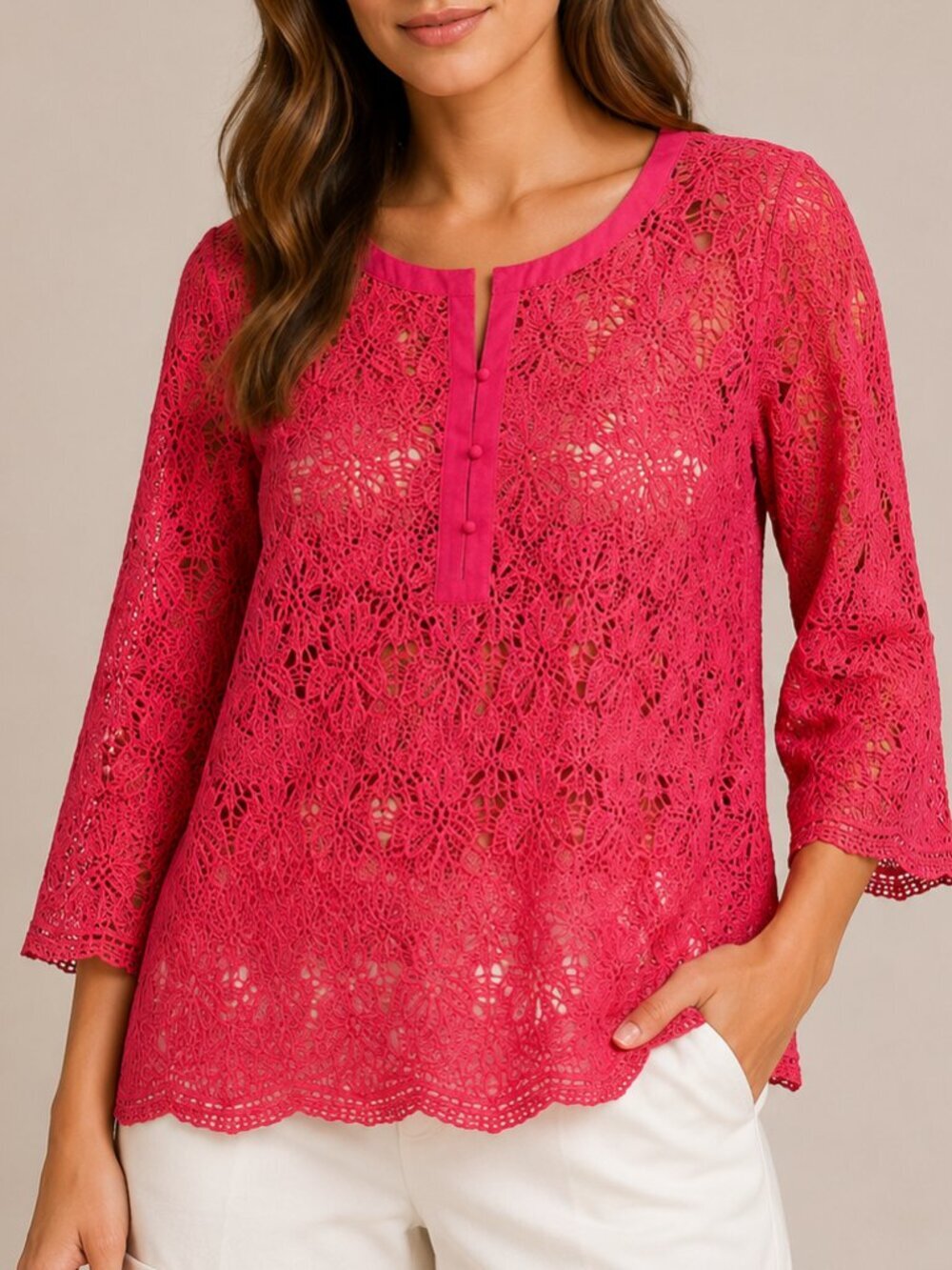 Romantic Pink Floral Lace Blouse Boho Chic Crochet Sheer Top Medium